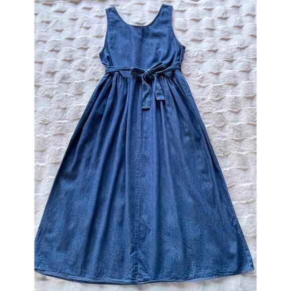 š„Vintage St. Joanne Jeans USA Made Denim Jumper Dress Santa Birds Pockets Sz L - Picture 2 of 9